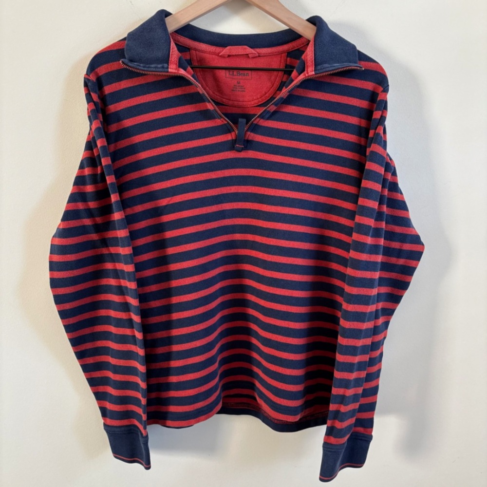 LL Bean Mens M Quarter Zip Pullover Sweatshirt Navy Red Striped Cotton Mock Neck